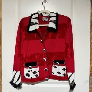Jack B Quick Vintage 90s Red Velvet Stripe Zebra Print Cardigan Sweater Large